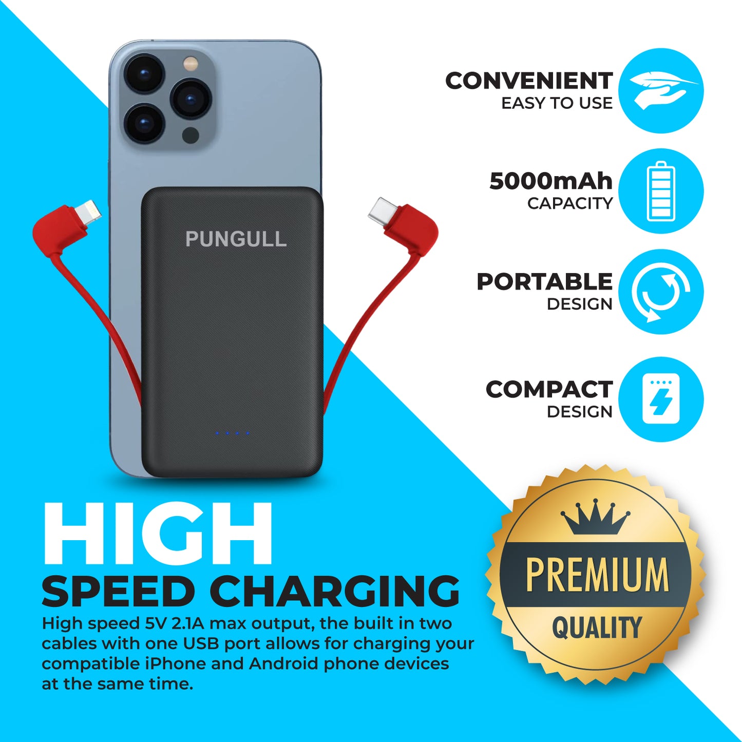 Portable Charger 5000mah External Battery Packs, Ultra Slim Power Bank with Built-in Cables Portable Phone Charger, USB C Portable Battery Charger Compatible with iPhone Android Cell Phones