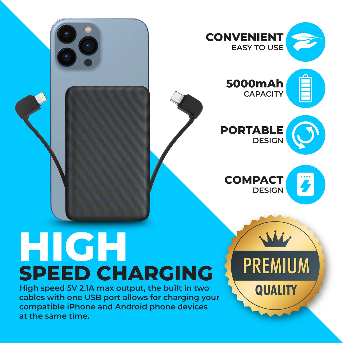 Slim Portable Charger 5000mAh - Compact Mini Small Power Bank Built-in Cable Cute Mobile Cell Phone External Battery Pack 5V 2.1A USB-C Compatible with iPhones 6/7/8/X/XS/XR/11/12/13/14 Airpods